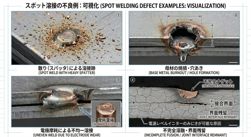 スポット溶接の不良例