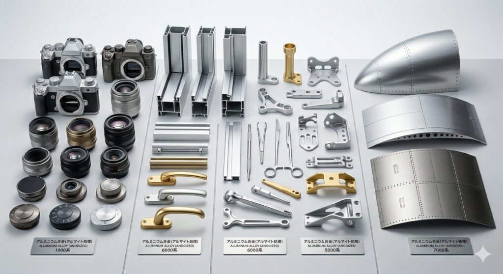 アルマイト処理が施されたさまざまな製品