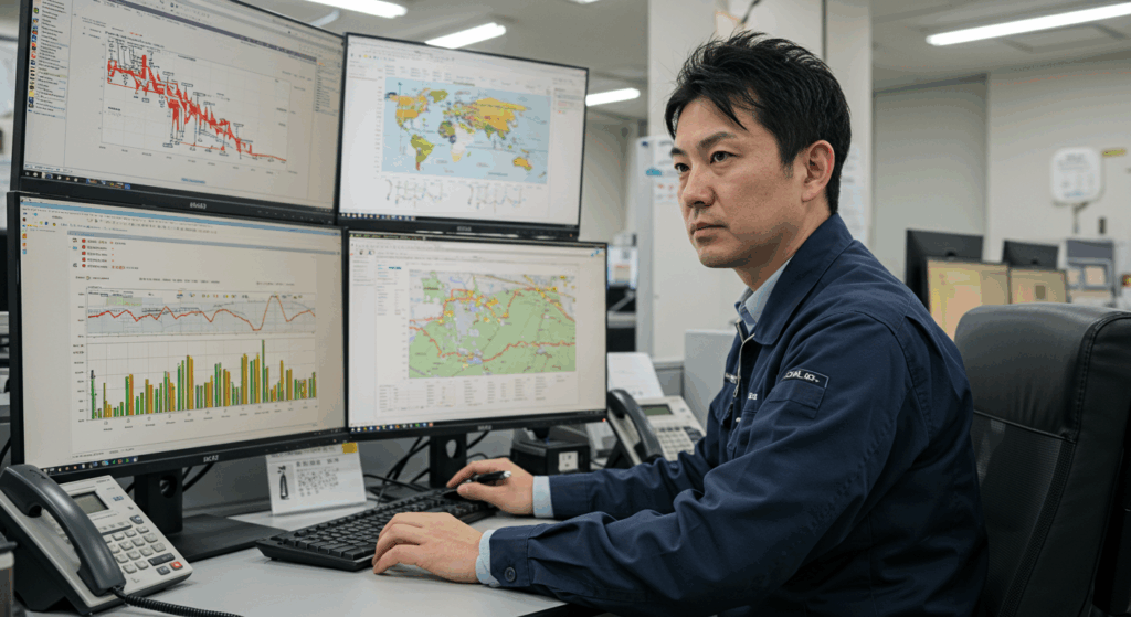 複数のコンピュータ画面でトレーサビリティデータを分析する品質管理マネージャー