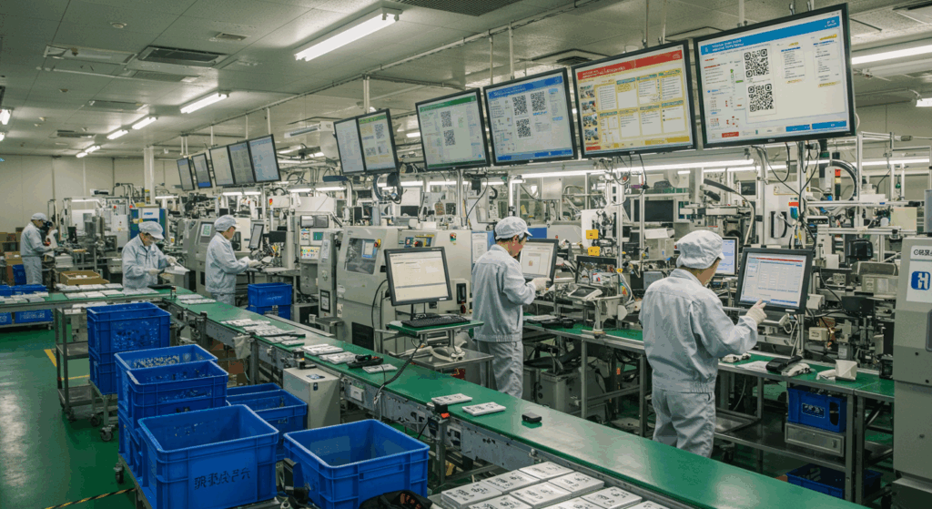 組立ラインで製品のQRコードをスキャンする作業員と製品追跡情報を表示するデジタルディスプレイ