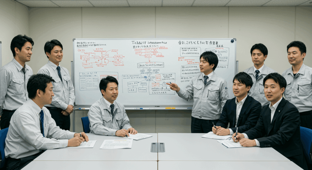 トレーサビリティ導入について会議で議論する製造チームと、メリットコスト分析やシステム構成を示すホワイトボード