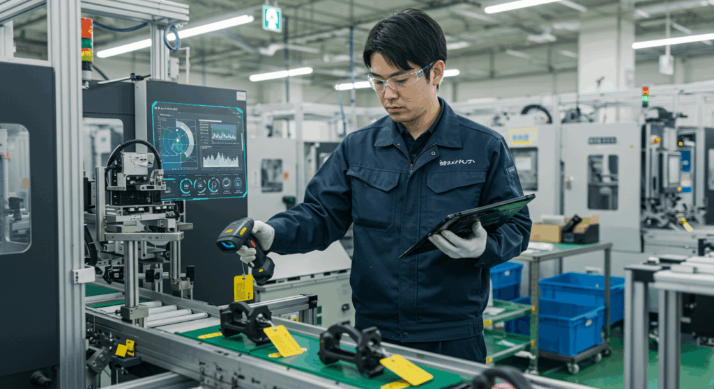 ハンドヘルドスキャナーでRFIDタグをスキャンする工場作業員とIoTセンサーデータをリアルタイム表示するタブレット